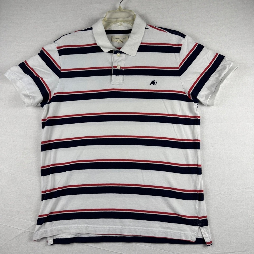 Aeropostale Mens Large White Navy Red Striped A87 Logo Cotton Pique Polo Shirt
